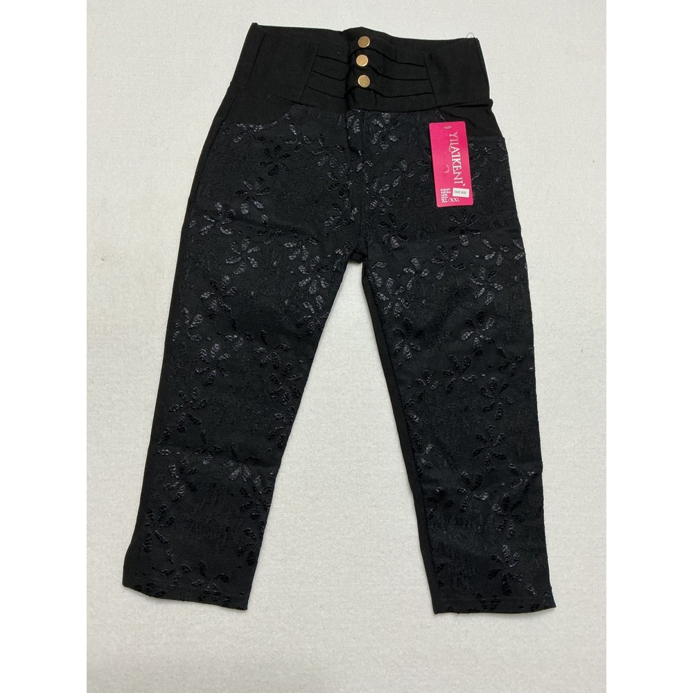 Yilakeni Womens XL XXL Black Lace Pants High Waist 3 Button Straight Leg NWT